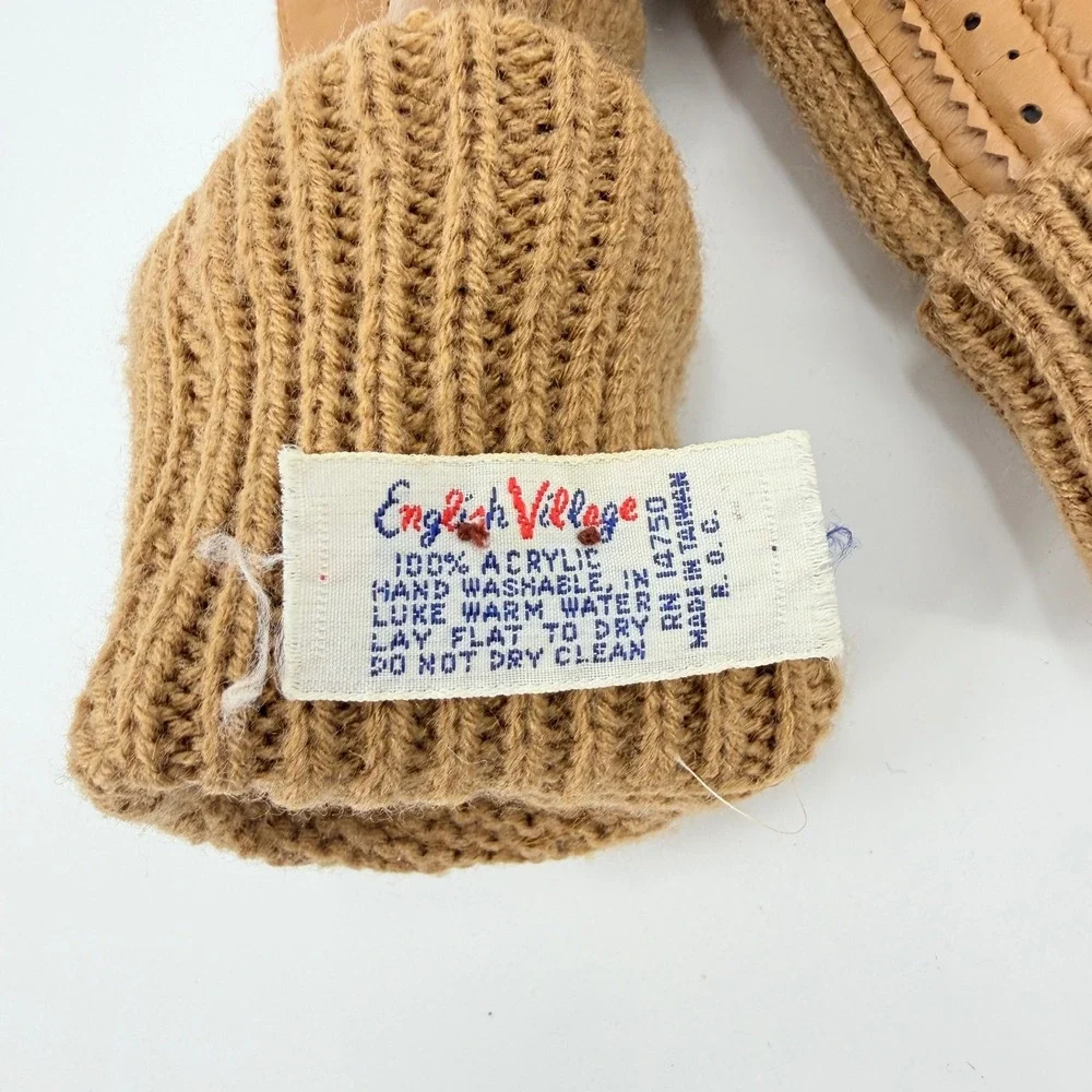English Village Driving Gloves Knit Leather Trim 90s Vintage Womens OS Tan Brown